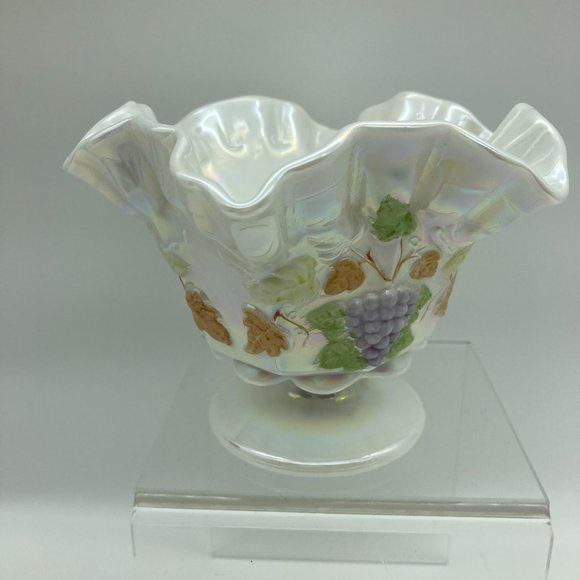 VTG Vintage Westmorland Iridescent Painted Fruit Pedestal Dish Candy Bowl Ruffle - Picture 3 of 6